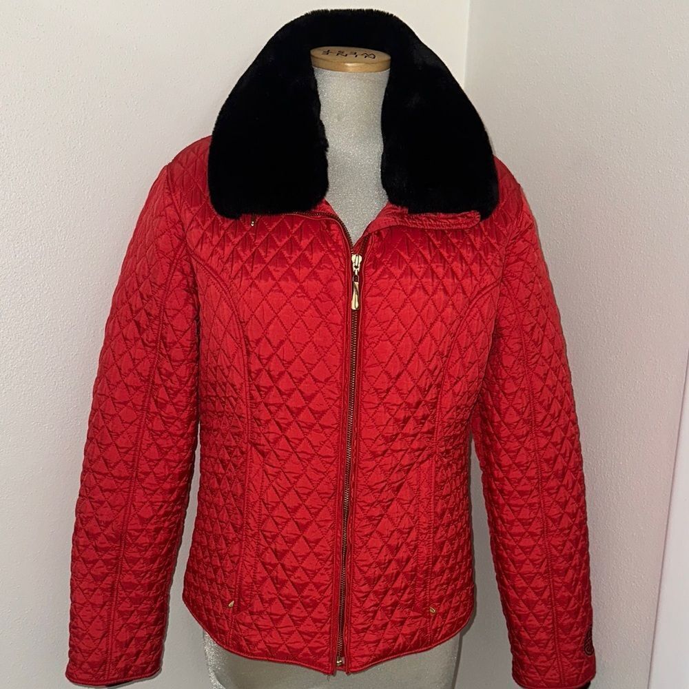 Obermeyer red puff ski pearl snow jacket fur collar 10 medium m